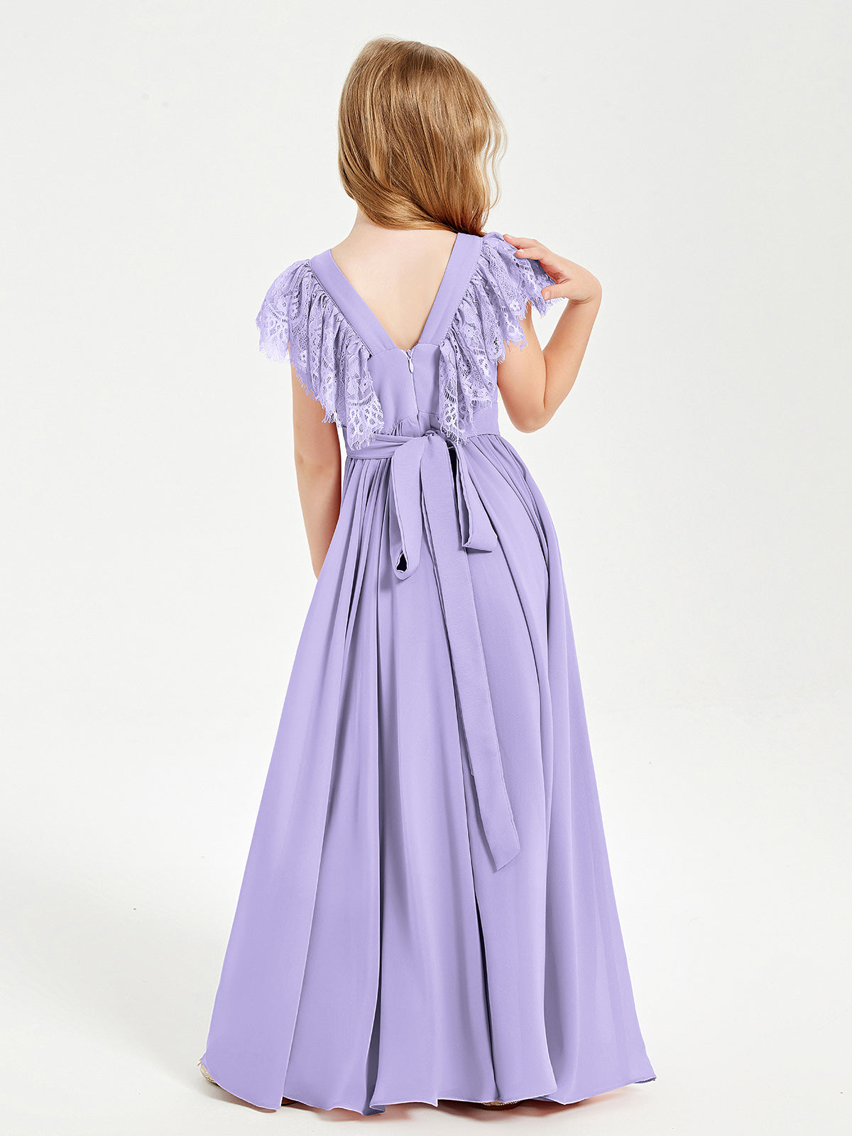 Chiffon Junior Bridesmaid Dresses with Lace Flutter Sleeves Lilac